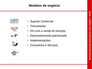 Modelos de negócio

●

Suporte Comercial

●

Treinamento

●

0% com a venda de licenças

●

Desenvolvimento patrocinado

●

Implementações

●

Consultoria e Serviços

 