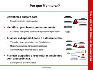 Por que Monitorar?

●

Downtimes custam caro
✔

●

Identificar problemas prematuramente
✔

●

Monitoramento pode ajudar!

O cliente não pode descobrir o problema primeiro

Analisar a disponibilidade e o desempenho.
✔

✔

Reduz os custos com automatização.

✔

●

Trabalho mais produtivo dos SysAdmins.
Administração manual custa caro.

Planejar upgrades e reestruturar ambientes
com antecedência.
✔

Contingência e continuídade
@alessssilva

 