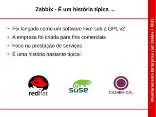 Zabbix - É um história típica ...

●

Foi lançado como um software livre sob a GPL v2

●

A empresa foi criada para fins comerciais

●

Foco na prestação de serviços

●

É uma história bastante típica:

 