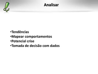 Analisar




•Tendências
•Mapear comportamentos
•Potencial crise
•Tomada de decisão com dados
 