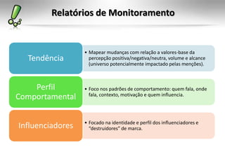 Relatórios de Monitoramento


                  • Mapear mudanças com relação a valores-base da
  Tendência         percepção positiva/negativa/neutra, volume e alcance
                    (universo potencialmente impactado pelas menções).



    Perfil        • Foco nos padrões de comportamento: quem fala, onde
                    fala, contexto, motivação e quem influencia.
Comportamental

                  • Focado na identidade e perfil dos influenciadores e
Influenciadores     “destruidores” de marca.
 