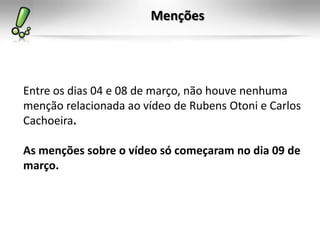 Menções




Entre os dias 04 e 08 de março, não houve nenhuma
menção relacionada ao vídeo de Rubens Otoni e Carlos
Cachoeira.

As menções sobre o vídeo só começaram no dia 09 de
março.
 