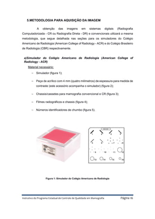 Instrutivo do Programa Estadual de Controle de Qualidade em Mamografia Página 16
5.METODOLOGIA PARA AQUISIÇÃO DA IMAGEM
A obtenção das imagens em sistemas digitais (Radiografia
Computadorizada - CR ou Radiografia Direta - DR) e convencionais utilizará a mesma
metodologia, que segue detalhada nas seções para os simuladores do Colégio
Americano de Radiologia (American College of Radiology - ACR) e do Colégio Brasileiro
de Radiologia (CBR) respectivamente.
a)Simulador do Colégio Americano de Radiologia (American College of
Radiology - ACR)
Material necessário:
− Simulador (figura 1);
− Peça de acrílico com 4 mm (quatro milímetros) de espessura para medida de
contraste (este acessório acompanha o simulador) (figura 2);
− Chassis/cassetes para mamografia convencional e CR (figura 3);
− Filmes radiográficos e chassis (figura 4);
− Números identificadores de chumbo (figura 5).
Figura 1: Simulador do Colégio Americano de Radiologia
 
