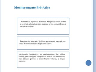 Monitoramento Pró-Ativo

Aumento da exposição de marca: Atração de novos clientes
e possíveis alternativas para alcançar novos consumidores do
mesmo segmento.

Pesquisas de Mercado: Realizar pesquisas de mercado por
meio do monitoramento de palavras-chave.

Inteligência Competitiva: O monitoramento das mídias
sociais gera vantagens competitivas através de informações
mais rápidas, precisas e incrivelmente valiosas, a preços
menores.

 