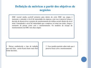 Definição de métricas a partir dos objetivos de
negócios
SMC (social media cycle)O primeiro para dentro do ciclo SMC nas etapas é
mensurar e entender o nível de maturidade da empresa, com isso é possível tomar a
decisão de desenvolver o projeto de monitoramento de mídias sociais dentro do nível
atual. Entendendo o nível de maturidade que a empresa vai atuar nas redes, chega o
momento de pensar como será o monitoramento. Os modelos de escopo de
monitoramento da SMC tem duas etapas:

1 Deixar estabelecido o tipo de trabalho
que será feito , assim ficará muito mais fácil
tomar decisões.

2 Esse modelo permite saber tudo que é
possível fazer com o monitoramento.

 
