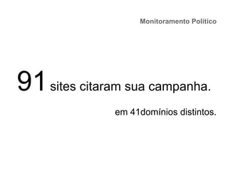 Monitoramento Político
91sites citaram sua campanha.
em 41domínios distintos.
 