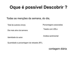 Oque é possível Descobrir ?
Todas as menções da semana, do dia,
Total de autores únicos
Dia mais ativo da semana
Identidade do autor
Quantidade e porcentagem de retweets (RT),
Tweets com URLs
Análise sentimental
Porcentagens associadas
contagem diária
 