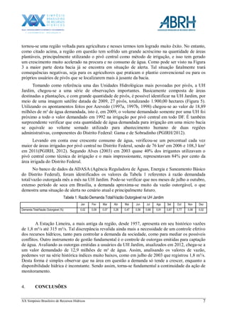 XX Simpósio Brasileiro de Recursos Hídricos 7
tornou-se uma região voltada para agricultura e nesses termos tem logrado muito êxito. No entanto,
como citado acima, a região em questão tem sofrido um grande acréscimo na quantidade de áreas
plantáveis, principalmente utilizando o pivô central como método de irrigação, e isso tem gerado
um crescimento muito acelerado na procura e no consumo de água. Como pode ser visto na Figura
3 a maior parte desta bacia já se encontra em situação de alerta. Tal situação fatalmente trará
consequências negativas, seja para os agricultores que praticam o plantio convencional ou para os
próprios usuários de pivôs que se localizarem mais à jusante da bacia.
Tomando como referência uma das Unidades Hidrológicas mais povoadas por pivôs, a UH
Jardim, chegou-se a uma série de observações importantes. Basicamente composta de áreas
destinadas a plantações, e com grande quantidade de pivôs, é possível identificar na UH Jardim, por
meio de uma imagem satélite datada de 2009, 27 pivôs, totalizando 1.900,00 hectares (Figura 5).
Utilizando os apontamentos feitos por Azevedo (1997a, 1997b, 1998) chegou-se ao valor de 18,89
milhões de m³ de água demandada, isto é, em 2009, o volume demandado somente por uma UH foi
próximo a todo o valor demandado em 1992 na irrigação por pivô central em todo DF. É também
surpreendente verificar que esta quantidade de água demandada para irrigação em uma micro bacia
se equivale ao volume somado utilizado para abastecimento humano de duas regiões
administrativas, componentes do Distrito Federal: Gama e de Sobradinho (PGIRH/2012).
Levando em conta esse crescente consumo de água, verificou-se um percentual cada vez
maior de áreas irrigadas por pivô central no Distrito Federal, sendo de 76 km² em 2006 e 108,3 km²
em 2011(PGIRH, 2012). Segundo Alves (2003) em 2003 quase 40% dos irrigantes utilizavam o
pivô central como técnica de irrigação e o mais impressionante, representavam 84% por cento da
área irrigada do Distrito Federal.
No banco de dados da ADASA (Agência Reguladora de Águas, Energia e Saneamento Básico
do Distrito Federal), foram identificados os valores da Tabela 1 referentes à razão demandada
total/vazão outorgada mês a mês na UH Jardim. Pode-se verificar que nos meses de julho a outubro,
extenso período de seca em Brasília, a demanda aproxima-se muito da vazão outorgável, o que
demostra uma situação de alerta no cenário atual e principalmente futuro.
Tabela 1: Razão Demanda Total/Vazão Outorgável na UH Jardim
Jan Fev Mar Abr Mai Jun Jul Ago Set Out Nov Dez
Demanda Total/Vazão Outorgável (%) 0,02 0,09 0,07 0,26 0,47 0,58 0,68 0,81 0,87 0,77 0,08 0,02
A Estação Limeira, a mais antiga da região, desde 1957, apresenta em seu histórico vazões
de 1,8 m³/s até 315 m³/s. Tal discrepância revalida ainda mais a necessidade de um controle efetivo
dos recursos hídricos, tanto para controlar a demanda da sociedade, como para mediar os possíveis
conflitos. Outro instrumento de gestão fundamental é o controle de outorgas emitidas para captação
de água. Avaliando as outorgas emitidas a usuários da UH Jardim, atualizados em 2012, chega-se a
um valor demandado de 12,9 milhões de m³ de água. Assim, analisando os valores de vazão,
podemos ver na série histórica índices muito baixos, como em julho de 2003 que registrou 1,8 m³/s.
Desta forma é simples observar que na área em questão a demanda só tende a crescer, enquanto a
disponibilidade hídrica é inconstante. Sendo assim, torna-se fundamental a continuidade da ação de
monitoramento.
4. CONCLUSÕES
 