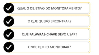 QUAL O OBJETIVO DO MONITORAMENTO?
O QUE QUERO ENCONTRAR?
QUE PALAVRAS-CHAVE DEVO USAR?
ONDE QUERO MONITORAR?
 