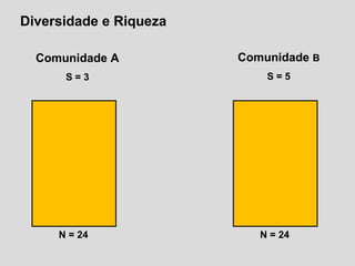 Diversidade e Riqueza
Comunidade A
S = 3
Comunidade B
S = 5
N = 24 N = 24
 