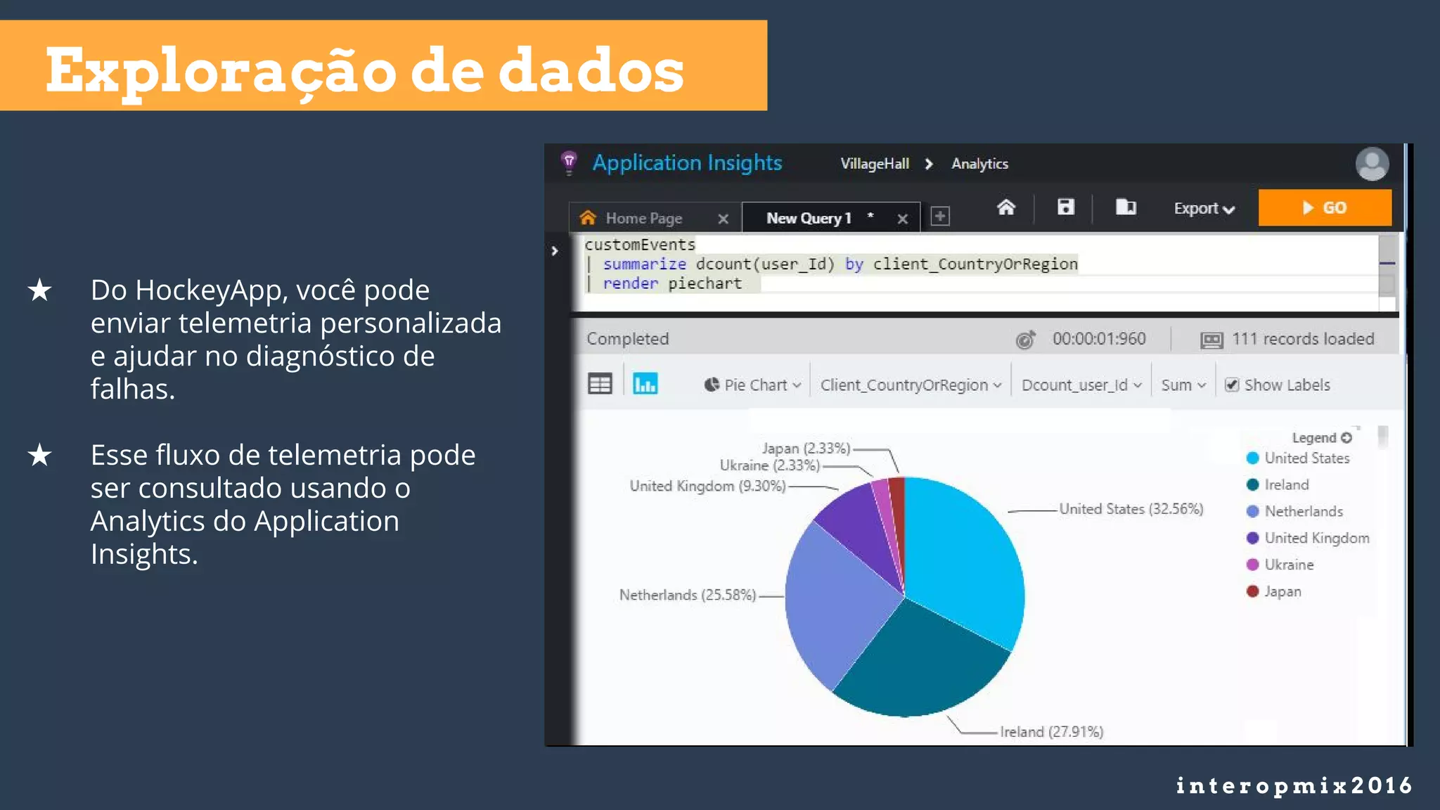 i n t e r o p m i x 2 0 1 6
Exploração de dados
★ Do HockeyApp, você pode
enviar telemetria personalizada
e ajudar no diagnóstico de
falhas.
★ Esse fluxo de telemetria pode
ser consultado usando o
Analytics do Application
Insights.
 