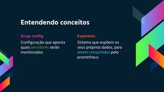 Scrap config
Configuração que aponta
quais servidores serão
monitorados
Entendendo conceitos
Exporters
Sistema que expõem os
seus próprios dados, para
serem consumidos pelo
prometheus
 