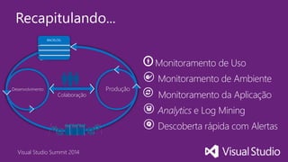 Visual Studio Summit 2014
Descoberta rápida com Alertas
Analytics e Log Mining
Monitoramento de Ambiente
Monitoramento da Aplicação
Monitoramento de Uso
Recapitulando...
ProduçãoDesenvolvimento
Colaboração
BACKLOG
 