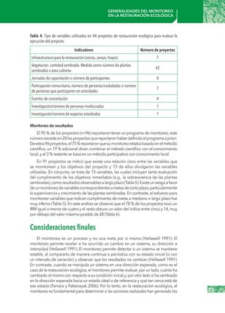 23
Generalidades del monitoreo
en la restauración ecológica
Monitoreo de resultados
El 95 % de los proyectos (n=96) reportaron tener un programa de monitoreo, este
númeroexcedeen20losproyectosquereportaronhaberdefinidoelprogramaapriori.
Deestos96proyectos,el75 %reportaronquesumonitoreoestababasadoenelmétodo
científico, un 19 % adicional dicen combinar el método científico con el conocimiento
local, y el 3 % restante se basa en un método participativo con conocimiento local.
En 91 proyectos se indicó que existe una relación clara entre las variables que
se monitorean y los objetivos del proyecto y 73 de ellos divulgaron las variables
utilizadas. En conjunto, se trata de 15 variables, las cuales incluyen tanto evaluación
del cumplimiento de los objetivos inmediatos (e.g., la sobrevivencia de las plantas
sembradas),comoresultadosobservablesalargoplazo(Tabla5).Existeunsesgoafavor
deunmonitoreodevariablescorrespondientesametasdecortoplazo,particularmente
la supervivencia y crecimiento de las plantas sembradas. En contraste, el esfuerzo para
monitorear variables que indican cumplimiento de metas a mediano o largo plazo fue
muy inferior (Tabla 5). En este análisis se observó que el 78 % de los proyectos tuvo un
IRM igual o menor de cuatro y el resto obtuvo un valor del índice entre cinco y 14, muy
por debajo del valor máximo posible de 28 (Tabla 6).
Consideraciones finales
El monitoreo es un proceso y no una meta por sí misma (Hellawell 1991). El
monitoreo permite revelar si ha ocurrido un cambio en un sistema, su dirección e
intensidad (Hellawell 1991). El monitoreo permite detectar si un sistema se mantiene
estable, al compararlo de manera continua o periódica con su estado inicial (o con
un intervalo de variación) y observar que los resultados no cambian (Hellawell 1991).
En contraste, cuando se manipula un sistema en una dirección esperada, como es el
caso de la restauración ecológica,el monitoreo permite evaluar,por un lado,cuánto ha
cambiado el mismo con respecto a su condición inicial y, por otro lado si ha cambiado
en la dirección esperada hacia un estado ideal o de referencia y qué tan cerca está de
ese estado (Ferraro y Pattanayak 2006). Por lo tanto, en la restauración ecológica, el
monitoreo es fundamental para determinar si las acciones realizadas han generado los
Tabla 4. Tipo de variables utilizadas en 44 proyectos de restauración ecológica para evaluar la
ejecución del proyecto.
Indicadores Número de proyectos
Infraestructura para la restauración (cercos, zanjas, hoyos) 7
Vegetación: cantidad sembrada. Medida como número de plantas
sembradas o área cubierta
42
Jornadas de capacitación o número de participantes 4
Participación comunitaria, número de personas trasladadas o número
de personas que participaron en actividades
7
Eventos de concertación 4
Investigación/número de personas involucradas 1
Investigación/número de especies estudiadas 1
 
