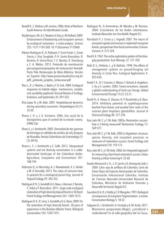 245
Bibliografía
Restall R.,C.Rodner y M.Lentino.2006.Birds of Northern
SouthAmerica:AnIdentificationGuide.
ReyBenayasJ.M.,A.C.Newton,A.DiazyJ.M.Bullock.2009.
Enhancement of biodiversity and ecosystem services
by ecological restoration: a meta-analysis. Science
325:1121-1124.DOI:10.1126/science.1172460
Ribeiro Rodrigues R., A. Padovezi, F.Turini-Farah, L. Couto
García, L. Dias Sanglade, P. H. Santin-Brancalion, R.
Barreiro, R. Gorne-Viani, T. E. Barreto, B. Strassburg
y C. A. Mattos. 2013. Protocolo de monitoración
para programas/proyectos de restauración forestall.
Pacto Pela Restauração da Mata Atlãntica. Versión
en Español. http://www.pactomataatlantica.org.br/
pdf/_protocolo_projetos_restauracao.pdf
Ries L., R.J. Fletcher,J. Battin y T. D. Sisk. 2004. Ecological
responses to habitat edges: mechanisms, models,
and variability explained. Annual Review of Ecology,
Evolution,andSystematics35:491-522.
Rios-López N. y M. Aide. 2007. Herpetofaunal dynamics
during secondary succession. Herpetologica 63 (1):
35-50.
Rivera J. H. y J. A. Sinisterra. 2006. Uso social de la
bioingeniería para el control de la erosión severa.
CIPAV.Cali.
Rivera L. y I.Armbrecht. 2005. Diversidad de tres gremios
dehormigasencafetalesdesombra,desolybosques
de Risaralda.Revista Colombiana de Entomología 31
(1):89-96.
Rivera L. F., I. Armbrecht y Z. Calle. 2013. Silvopastoral
systems and ant diversity conservation in a cattle-
dominated landscape of the Colombian Andes.
Agriculture, Ecosystems and Environment 181:
188-194.
Robinson D., A. Warmsley, A. J. Nowakowski, K. E. Reider
y M. A Donnelly. 2013. The value of remnant trees
in pastures for a neotropical poison frog. Journal of
TropicalEcology29:345-352.
RodriguesR.R.,S.Gandolfi,A.G.Nave,J.Aronson,T.Barreto,
C. Vidal y P. Brancalion. 2011. Large-scale ecological
restorationofhigh-diversitytropicalforestsinSEBrazil.
ForestEcologyandManagement,261:1605-1613.
RodriguesR.R.,R.Lima,S.GandolfiyA.G.Nave.2009.On
the restoration of high diversity forests: 30 years of
experience in the Brazilian Atlantic Forest. Biological
Conservation142:1242-1251.
Rodríguez N., D. Armenteras, M. Morales y M. Romero.
2004. Ecosistemas de los Andes colombianos.
InstitutoAlexander von Humboldt.Bogotá D.C.
Ronnback P., I. Crona y L. Ingwall. 2007. The return of
ecosystemgoodsandservicesinreplantedmangrove
forests:perspectivesfromlocalcommunities.Environ.
Conserv.4: 313–324.
RootR.B.1967.Thenicheexploitationpatternoftheblue-
grey gnatcatcher.Ecol.Monogr.37: 317-350. 
Roth D. S., Perfecto, I., y B. Rathcke. 1994. The effects of
management systems on ground-foraging ant
diversity in Costa Rica. Ecological Applications 4:
423-436.
RudelT.K.,O.T.Coomes,E.Moran,F.Achard,A.Angelsen,
J. Xu y E. Lambin. 2005. Forest transitions: towards
a global understanding of land use change. Global
Environmental Change 15 (1): 23-31.
Ruckli R., K. Hesse, G. Glauser, H. P. Rusterholz y B. Baur.
2014. Inhibitory potential of naphthoquinones
leached from leaves and exuded from roots of the
invasive plant Impatiens glandulifera. Journal of
Chemical Ecology 40: 371-378.
Ruiz-Jaén M. C. y T. M. Aide. 2005a. Restoration success:
how is it being measured? Restoration Ecology 13:
569-577.
Ruiz-Jaén M.C.yT.M.Aide.2005 b.Vegetation structure,
species diversity, and ecosystem processes as
measures of restoration success. Forest Ecology and
Management 218: 159-173
Ruiz-JaénM.C.yT.M.Aide.2006.Anintegratedapproach
formeasuringurbanforestrestorationsuccess.Urban
Forestry y Urban Greening 4: 55-68
Rueda Almonacid J. V., J. D. Lynch y A. Amezquita (eds.).
2004. Libro rojo de anfibios de Colombia. Serie de
Libros Rojos de Especies Amenazadas de Colombia.
Conservación Internacional Colombia, Instituto
de Ciencias Naturales–Universidad Nacional de
Colombia, Ministerio de Ambiente Vivienda y
DesarrolloTerritorial.Bogotá D.C.
SaundersD.A.,R.J.HobbsyC.R.Margules.1991.Biological
consequencesof ecosystemfragmentation:areview.
Conservation Biology 5: 18-32.
Salguero B.,I.Armbrecht,H.Hurtado y A.M.Arcila.2011.
Wasmannia auropunctata (Roger): ¿unicolonial o
multicolonial? En el valle geográfico del río Cauca.
 