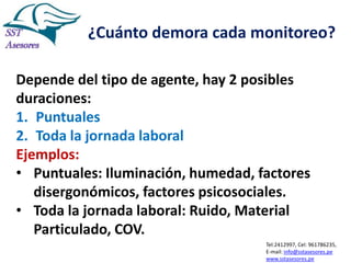 ¿Cuánto demora cada monitoreo?
Depende del tipo de agente, hay 2 posibles
duraciones:
1. Puntuales
2. Toda la jornada laboral
Ejemplos:
• Puntuales: Iluminación, humedad, factores
disergonómicos, factores psicosociales.
• Toda la jornada laboral: Ruido, Material
Particulado, COV.
Tel:2412997, Cel: 961786235,
E-mail: info@sstasesores.pe
www.sstasesores.pe

 