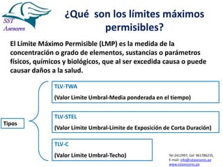 ¿Qué son los límites máximos
permisibles?
El Límite Máximo Permisible (LMP) es la medida de la
concentración o grado de elementos, sustancias o parámetros
físicos, químicos y biológicos, que al ser excedida causa o puede
causar daños a la salud.
TLV-TWA
(Valor Limite Umbral-Media ponderada en el tiempo)
TLV-STEL
Tipos

(Valor Límite Umbral-Límite de Exposición de Corta Duración)
TLV-C
(Valor Límite Umbral-Techo)

Tel:2412997, Cel: 961786235,
E-mail: info@sstasesores.pe
www.sstasesores.pe

 