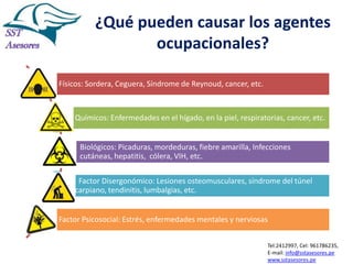¿Qué pueden causar los agentes
ocupacionales?
Físicos: Sordera, Ceguera, Síndrome de Reynoud, cancer, etc.

Químicos: Enfermedades en el hígado, en la piel, respiratorias, cancer, etc.

Biológicos: Picaduras, mordeduras, fiebre amarilla, Infecciones
cutáneas, hepatitis, cólera, VIH, etc.
Factor Disergonómico: Lesiones osteomusculares, síndrome del túnel
carpiano, tendinitis, lumbalgias, etc.

Factor Psicosocial: Estrés, enfermedades mentales y nerviosas
Tel:2412997, Cel: 961786235,
E-mail: info@sstasesores.pe
www.sstasesores.pe

 