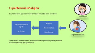 Hipertermia Maligna
Insuficiencia renal
aguda
arritmias
Acidosis
Rabdomiólisis
hipertermia
Es una reacción grave a ciertos fármacos utilizados en la anestesia
La neumonía preexistente o la aspiración intraoperatoria puede provocar
reacciones febriles posoperatorias
hipercapnia
Rigidez muscular
 