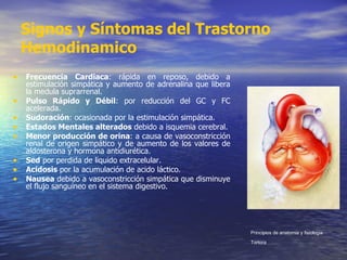 Signos y Síntomas del Trastorno Hemodinamico   Frecuencia Cardiaca : rápida en reposo, debido a estimulación simpática y aumento de adrenalina que libera la medula suprarrenal. Pulso Rápido y Débil : por reducción del GC y FC acelerada. Sudoración : ocasionada por la estimulación simpática. Estados Mentales alterados  debido a isquemia cerebral. Menor producción de orina : a causa de vasoconstricción renal de origen simpático y de aumento de los valores de aldosterona y hormona antidiurética.  Sed  por perdida de liquido extracelular. Acidosis  por la acumulación de acido láctico. Nausea  debido a vasoconstricción simpática que disminuye el flujo sanguíneo en el sistema digestivo.  Principios de anatomia y fisiologia Tortora   