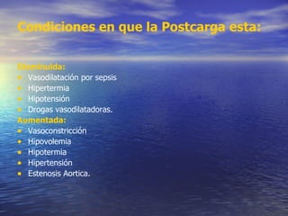 Condiciones en que la Postcarga esta: Disminuida: Vasodilatación por sepsis Hipertermia Hipotensión  Drogas vasodilatadoras. Aumentada: Vasoconstricción Hipovolemia Hipotermia  Hipertensión Estenosis Aortica. 