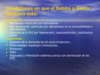 Condiciones en que el Debito o Gasto Cardiaco esta: Disminuida Mal llenado ventricular por hipovolemia Mal vaciamiento ventricular por alteraciones en la contractibilidad o valvulopatias. Aumento de la RVS por hipertensión, vasoconstricción, insuficiencia mitral.  Aumentada  Aumento de la demanda de O2 como el ejercicio.  Enfermedades hepáticas y tirotoxicosis. Embarazo Dolor Respuesta a inflamación sistémica precoz con disminución de las RVS. 