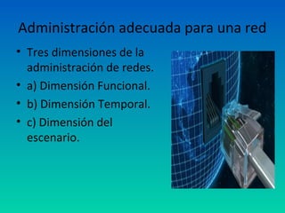 Administración adecuada para una red
• Tres dimensiones de la
  administración de redes.
• a) Dimensión Funcional.
• b) Dimensión Temporal.
• c) Dimensión del
  escenario.
 