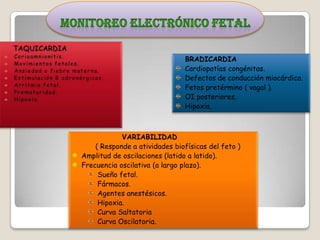 BRADICARDIA
Cardiopatías congénitas.
Defectos de conducción miocárdica.
Fetos pretérmino ( vagal ).
OI posteriores.
Hipoxia.

VARIABILIDAD
( Responde a atividades biofísicas del feto )
Amplitud de oscilaciones (latido a latido).
Frecuencia oscilativa (a largo plazo).
Sueño fetal.
Fármacos.
Agentes anestésicos.
Hipoxia.
Curva Saltatoria
Curva Oscilatoria.

 