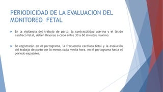 PERIODICIDAD DE LA EVALUACION DEL
MONITOREO FETAL
 En la vigilancia del trabajo de parto, la contractilidad uterina y el latido
cardiaco fetal, deben llevarse a cabo entre 30 a 60 minutos máximo.
 Se registrarán en el partograma, la frecuencia cardiaca fetal y la evolución
del trabajo de parto por lo menos cada media hora, en el partograma hasta el
periodo expulsivo.
 