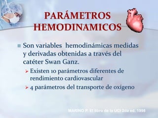 PARÁMETROS
HEMODINAMICOS
 Son variables hemodinámicas medidas
y derivadas obtenidas a través del
catéter Swan Ganz.
 Existen 10 parámetros diferentes de
rendimiento cardiovascular
 4 parámetros del transporte de oxígeno
MARINO P. El libro de la UCI 2da ed. 1998
 