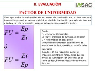 FACTOR DE UNIFORMIDAD
Donde:
FU = Factor de Uniformidad
Ep = Nivel promedio de iluminación del salón
Ei = Nivel medido en cada punto.
Siempre en el numerador estará el nivel de
menor valor es decir, Ep ó Ei y su relación debe
estar entre 0.667 –1.0.
Cuando el 75 % ó más de los puntos se
encuentren dentro del rango, indica que los
niveles de iluminación son uniformes en el
salón, es decir, hay una adecuada distribución
de la luz.
Valor que define la uniformidad de los niveles de iluminación en un área, con una
iluminación general, es necesario definir el nivel de iluminación promedio del área en
estudio y con ella comparar los valores medidos en cada uno de los puntos.
II. EVALUACIÓN
 