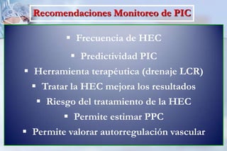 ESTUDIOS COMPLEMENTARIOS PARA EL DIAGNOSTICO HSAVASOESPASMODOPPLER TRANSCRANEALVELOCIDADES MEDIAS MAYOR DE 120 cm/seg. ART. C.  MEDIAVELOCIDADES MEDIAS MAYOR DE  90 cm/seg. ART. C.  ANTERIOR VELOCIDADES  MEDIAS MAYOR DE 80 cm/seg. TERRITORIO POSTERIORSON COMPATIBLES CON VASOESPASMODEBE EVALUARSE LAS VARIACIONES DIARIAS:AUMENTO MAYOR DE 50 cm/seg EN 24 Hs ES PREDICTIVO DE COMIENZO DE VASOESPASMOTRATAMIENTO ( Triple H)HIPERTENSION  -  HIPERVOLEMIA  -  HEMODILUCIÓN+NIMODIPINA