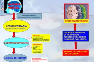 INJURIA INICIALDESENCADENAMIENTO DE FENOMENOS FISIOPATOLOGICOSNEUROMONITOREOLESION PRIMARIA( TEC,HSA,HIC,STROKEISQUEMICO )DIAGNOSTICO PRECOZEN TIEMPO REAL : AGENTES ETIOLOGICOSY CAMBIOS EVOLUTIVOS LOCALES:-LIPOPEROXIDACION-RADICALES LIBRES-AMINOACIDOS EXCITATORIOS-MEDIADORES INFLAMATORIOSLESION SECUNDARIASISTEMICOS:-HIPOTENSION -HIPOXIA-SIRS-HIPERGLICEMIA-HIPERNATREMIA-HIPONATREMIAMEDIDAS TTO EFECTIVASLIMITAR LESIONLESION TERCIARIADAÑO NEURONALMECANISMOS BIOQUIMICOSY CELULARES