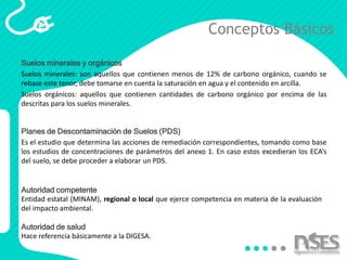 Conceptos Básicos
Suelos minerales y orgánicos
Suelos minerales: son aquellos que contienen menos de 12% de carbono orgánico, cuando se
rebase este tenor, debe tomarse en cuenta la saturación en agua y el contenido en arcilla.
Suelos orgánicos: aquellos que contienen cantidades de carbono orgánico por encima de las
descritas para los suelos minerales.
Planes de Descontaminación de Suelos (PDS)
Es el estudio que determina las acciones de remediación correspondientes, tomando como base
los estudios de concentraciones de parámetros del anexo 1. En caso estos excedieran los ECA’s
del suelo, se debe proceder a elaborar un PDS.
Autoridad competente
Entidad estatal (MINAM), regional o local que ejerce competencia en materia de la evaluación
del impacto ambiental.
Autoridad de salud
Hace referencia básicamente a la DIGESA.
 