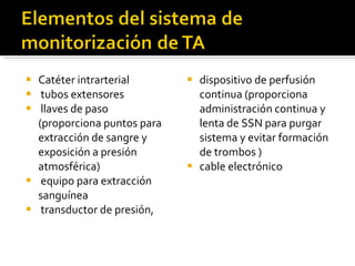 Catéter intrarterial  tubos extensores llaves de paso (proporciona puntos para extracción de sangre y exposición a presión atmosférica) equipo para extracción sanguínea transductor de presión,  dispositivo de perfusión continua (proporciona administración continua y lenta de SSN para purgar sistema y evitar formación de trombos ) cable electrónico  