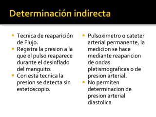 Tecnica de reaparición de Flujo.  Registra la presion a la que el pulso reaparece durante el desinflado del manguito. Con esta tecnica la presion se detecta sin estetoscopio. Pulsoximetro o cateter arterial permanente, la medicion se hace mediante reaparicion de ondas pletismograficas o de presion arterial.  No permiten determinacion de presion arterial diastolica 