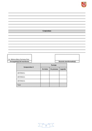 15
Compromisos
Compromiso 4
Puntaje
En inicio En proceso Logrado
CRITERIO1:
CRITERIO2:
CRITERIO3:
Total
Lic. Mónica Mery Carmona Ruiz
Encargado(a) del monitoreo Docente monitoreado(a)
 