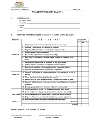 INSTITUTO DE EDUCACIÓN SUPERIOR
PEDAGÓGICO PÚBLICO“INDOAMERICA” Práctica Final
…………………………..…. ………………………………….
Estudiante Docente Formador
FICHA DE AUTOEVALUACIÓN Sesión N° ….
I. DATOS PERSONALES:
1.1. Mis Apellidos Nombres: ____________________________________________________________________________
1.2. Especialidad: ____________________________________________________________________________________
1.3. Semestre: ______________________________________________________________________________________
1.4. Fecha: _________________________________________________________________________________________
1.5. Área: __________________________________________________________________________________________
II. DIMENSIONES, CRITERIOS E INDICADORES DE EVALUACIÓN DE ACUERDO AL PERFIL DEL ALUMNO:
DIMENSIÓN I N D I C A D O R E S VALORACIÓN
1 0,5 0
FORMADOR
1. Respeto las norma de convivencia en el aula de clase de la I.E. de práctica
2. Contribuyo y doy misaportes en la resolución de problemas.
3. Tengo mi portafolio ordenado para ser requerido en cualquier momento.
4. Presentó de manera oportuna mis trabajos.
5. Soy puntual en la presentación y exposición de mis trabajos.
6. Estoy atento a la demostración y estrategias que uso el profesor en el desarrollo de su
sesión.
7. Reflexiono sobre el desarrollo de las capacidades en cada sesión de clase.
8. Colaboro de manera frecuente con mis compañeros cuando me necesitan.
9. Desarrollo mis capacidades de acuerdo a los contenidos propuestos en el sílabo.
10. Demuestro una conducta ética con responsabilidad y compromiso.
PROMOTOR
11. Conozco la problemática de las instituciones educativas y me preparo para ser parte de la
solución.
12. Planteo alternativas de solución a la problemática educativa.
13. Me gusta trabajar en equipo respetando las ideas y pluralidad de las ideas de los demás.
14. Conozco la realidad educativas y socio económico de mi comunidad planteando alternativas
de solución
15. Diseño proyectos educativos y/o económicos en beneficio de mi comunidad.
INVESTIGADOR
16. Conozco los contenidos del Área y me prepara para la siguiente sesión de clase.
17. Cumplo con todos los trabajos y ejercicios propuesto en cada sesión de aprendizaje.
18. Mis trabajos los presento con la mejor calidad y con diferentes autores consultados.
19. Me preparo eficientemente para desarrollar las prácticas y resolución de problemas.
20. Busco y consulto material adicional en todas las sesiones de aprendizaje.
Calificativo Numéricas
En Letras
Leyenda: 0  En Inicio, 0.5  En Proceso, 1  Suficiente
 