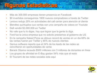 Algunas Estadísticas… Más de 300.000 empresas tienen presencia en Facebook $0 invertidos conseguimos 1800 nuevos compradores a través de Twitter Lenovo redujo 20% en actividades del call center para atención al cliente Blendtec quintuplico sus ventas con una campaña de videos en Youtube Dell vendió $3.000.000 en Twitter No vale que tu lo digas, hay que lograr que la gente lo diga. Ford fue la única empresa que no solicito prestamos al gobierno de US En la campaña Naked Pizza se obtuvo record de ventas en un dia 68% de las ventas fueron por Twitter y 85% de nuevos clientes Genius software reporto que el 24% de los leads de las redes se convirtieron en oportunidades de venta Barack Obama recaudo $500 millones con 3 millones de donantes en linea Los grupos de afinidad en E-Bay gastan 54% más que el resto El Tsunami de las redes sociales esta aquí 