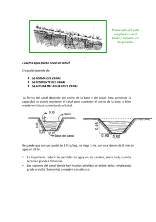 ¿Cuánta agua puede llevar un canal?
El caudal depende de:
 LA FORMA DEL CANAL
 LA PENDIENTE DEL CANAL
 LA ALTURA DEL AGUA EN EL CANAL
La forma del canal depende del ancho de la base y del talud. Para aumentar la
capacidad se puede mantener el talud pero aumentar el ancho de la base, o bien
mantener la base aumentando el talud.
Recuerde que con un caudal de 1 litro/seg., se riega 1 Ha. con una lámina de 8 mm de
agua en 24 hr.
• Es importante reducir las pérdidas de agua en los canales, sobre todo cuando
recorren grandes distancias.
• Los sectores del canal donde hay muchas pérdidas se deben sellar, empleando
greda o arcilla (Bentonita) o recubrir con plástico.
.
Protección del salto
con piedras en el
fondo y tablones en
las paredes
 