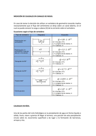 MEDICIÓN DE CAUDALES EN CANALES DE RIEGO.
En caso de tomar la decisión de utilizar un vertedero de geometría conocida implica
necesariamente que el flujo del vertimiento se dirija sobre un canal abierto, en el
cual se pueda conocer la carga o cabeza (H) de la corriente sobre el vertedero.
Ecuaciones según el tipo de vertedero
CAUDALES EN RÍOS.
Una de las partes del ciclo hidrológico es la precipitación de agua en forma liquida o
sólida, lluvia, nieve o granizo Al llegar al terreno, una porción de esta precipitación
circula sobre él, escorrentía superficial y da lugar a la formación de barrancos,
arroyos y ríos.
 