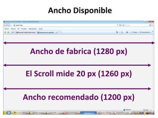 Ancho Disponible Ancho de fabrica (1280 px) El Scroll mide 20 px (1260 px) Ancho recomendado (1200 px) 
