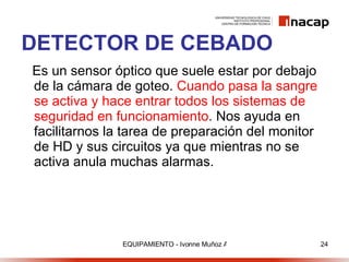 DETECTOR DE CEBADO Es un sensor óptico que suele estar por debajo de la cámara de goteo.  Cuando pasa la sangre se activa y hace entrar todos los sistemas de seguridad en funcionamiento . Nos ayuda en facilitarnos la tarea de preparación del monitor de HD y sus circuitos ya que mientras no se activa anula muchas alarmas. 