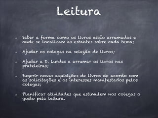 Leitura
Saber a forma como os livros estão arrumados e
onde se localizam as estantes sobre cada tema;
Ajudar os colegas na seleção de livros;
Ajudar a D. Lurdes a arrumar os livros nas
prateleiras;
Sugerir novas aquisições de livros de acordo com
as solicitações e os interesses manifestados pelos
colegas;
Planificar atividades que estimulem nos colegas o
gosto pela leitura.
 