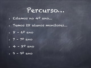 Percurso…
Estamos no 4º ano...
Temos 28 alunos monitores...
8 – 6º ano
7 – 7º ano
4 – 8º ano
9 – 9º ano
 