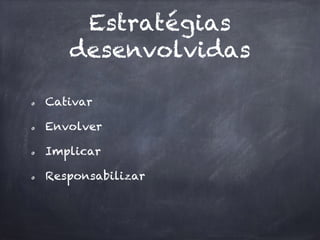 Estratégias
desenvolvidas
Cativar
Envolver
Implicar
Responsabilizar
 