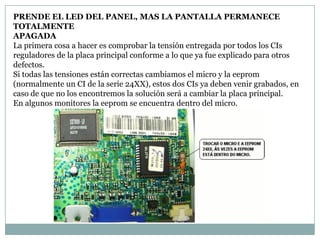 PRENDE EL LED DEL PANEL, MAS LA PANTALLA PERMANECE
TOTALMENTE
APAGADA
La primera cosa a hacer es comprobar la tensión entregada por todos los CIs
reguladores de la placa principal conforme a lo que ya fue explicado para otros
defectos.
Si todas las tensiones están correctas cambiamos el micro y la eeprom
(normalmente un CI de la serie 24XX), estos dos CIs ya deben venir grabados, en
caso de que no los encontremos la solución será a cambiar la placa principal.
En algunos monitores la eeprom se encuentra dentro del micro.
 