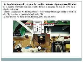 B - Fusible quemado - Antes de cambiarlo teste el puente rectificador.
Si el puente estuviera bien vea se el CI de fuente llaveada no está en corto de la
siguiente forma:
Usando la escala de X1 del multímetro, coloque la punta negra sobre el pin 1 o 2
del CI y la roja a la tierra (disipador del CI).
El múltimetro no debe medir. Si mide, el CI está en corto.
 