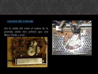 SALIDA DE COLOR
En la salida del color el cañón de la
pantalla emite tres colores que son
Rojo, Verde y azul.
 