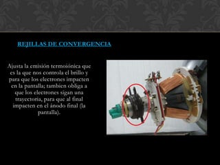 REJILLAS DE CONVERGENCIA
Ajusta la emisión termoiónica que
es la que nos controla el brillo y
para que los electrones impacten
en la pantalla; tambien obliga a
que los electrones sigan una
trayectoria, para que al final
impacten en el ánodo final (la
pantalla).
 